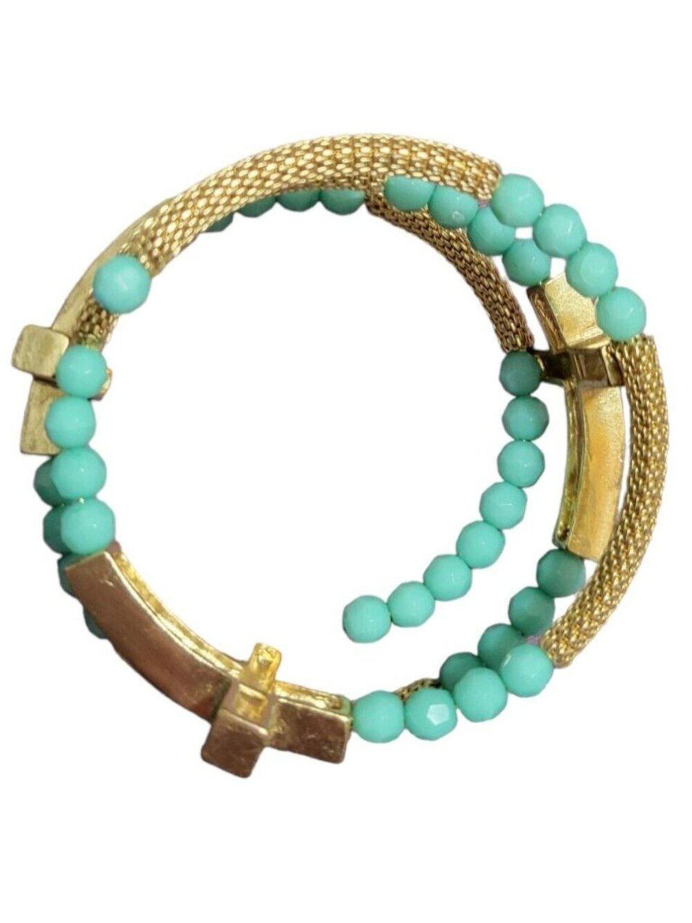 Bracelet Wrap Round Gold Tone Faux Turquoise Beads Crosses Champagne Rhinestone